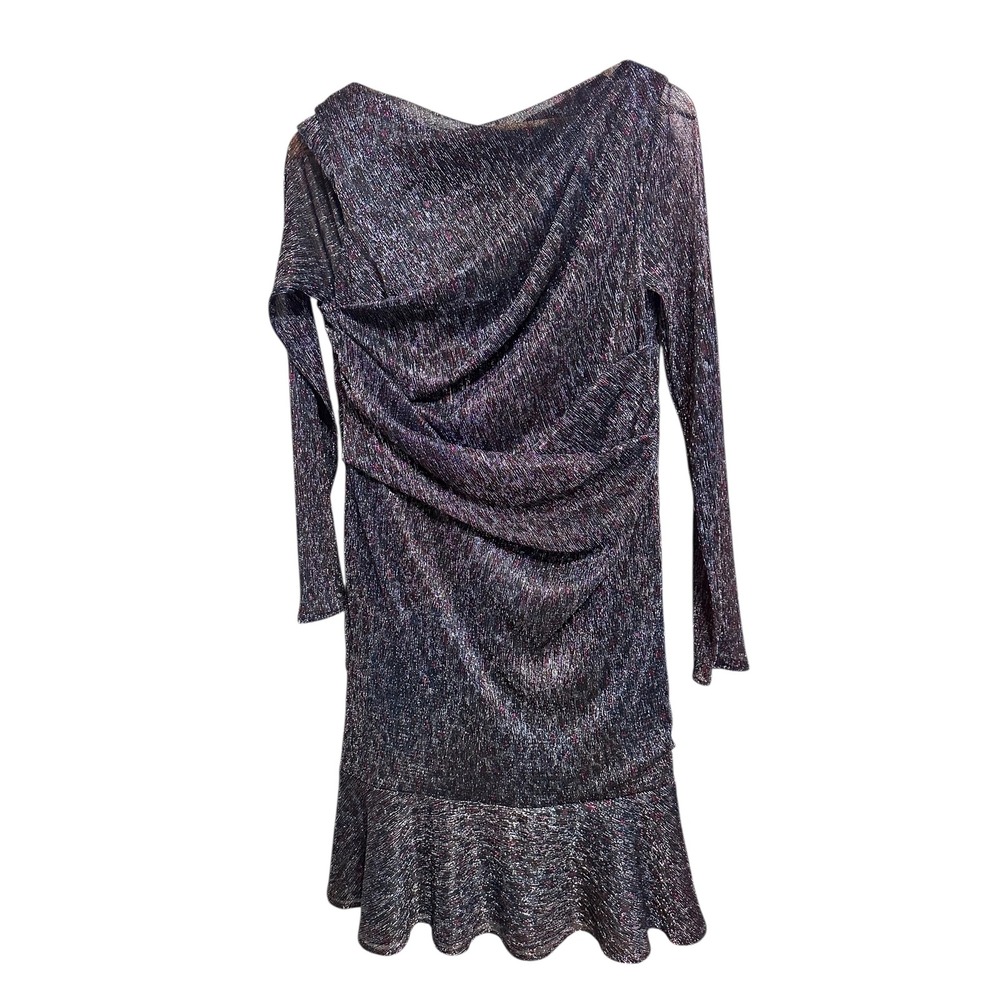 Talbot Runhof Metallic Ruched Draped Dress‎ Long Sleeve Blue Women's 14 $1650